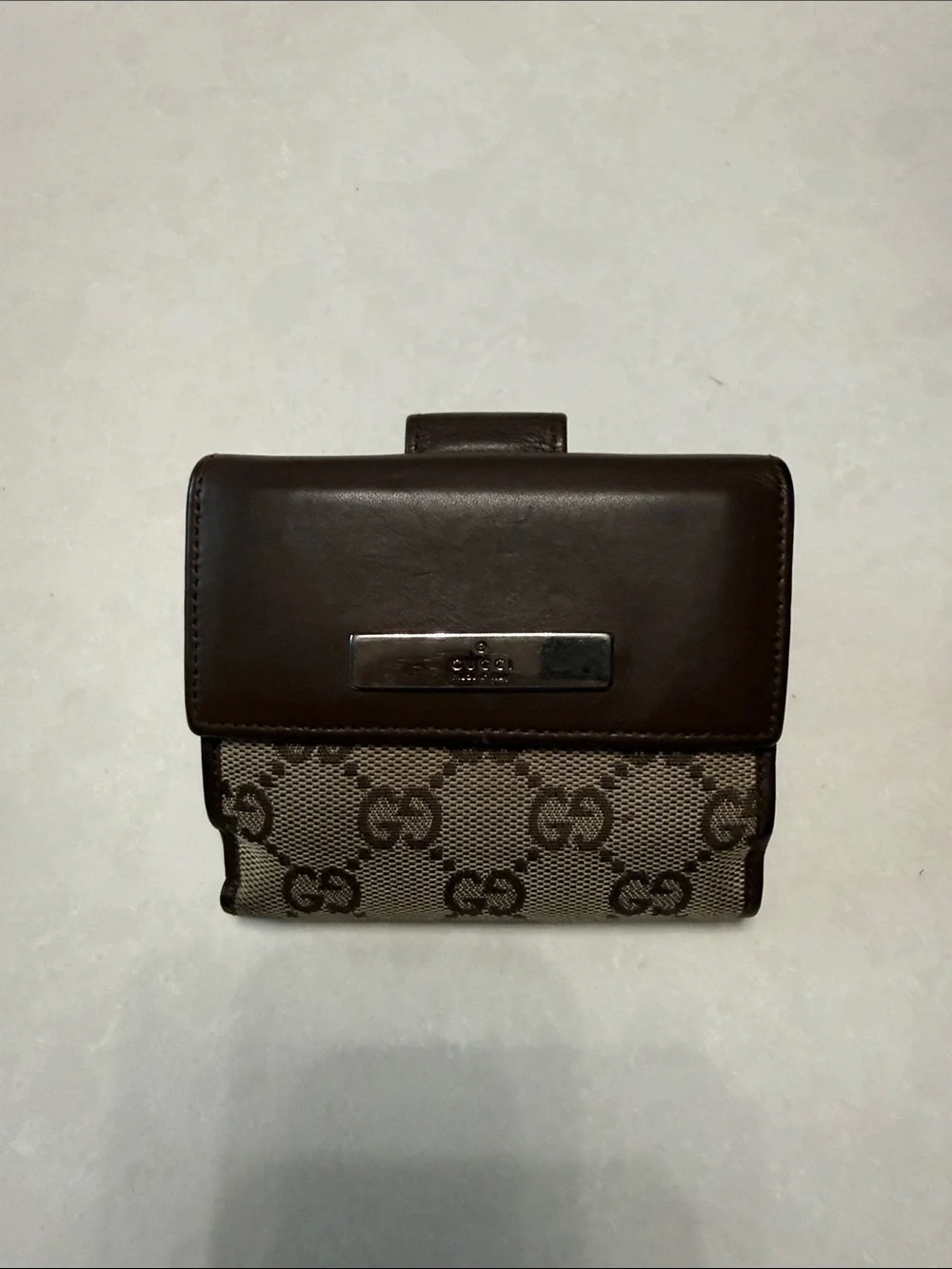 Gucci Brown Leather & Beige GG Monogram Bifold Wallet